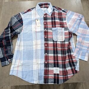 Thom Browne Multi-Panel Plaid Button-Down Shirt in Red, Blue, Black, White